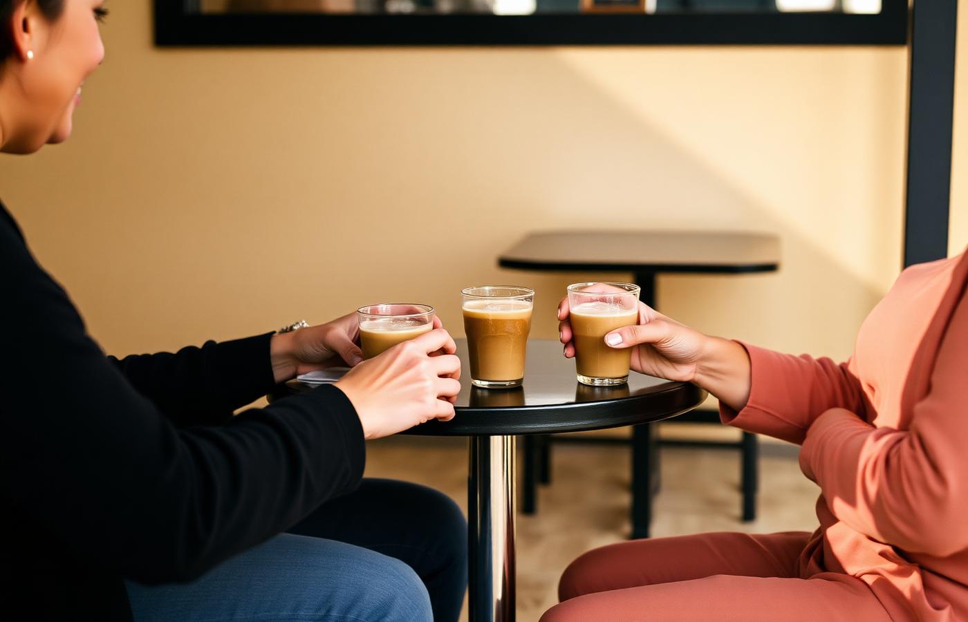 Two people talking over iced coffee at a Bangkok café